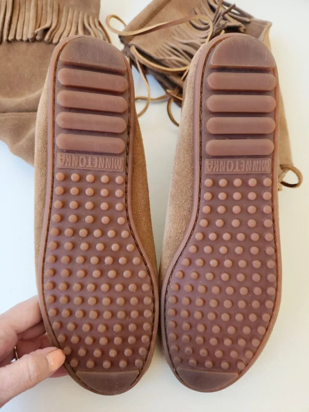 Minnetonka Brown Suede Lace-Up Knee-High Fringe Moccasin Boots Festival Hippie - Picture 5 of 6